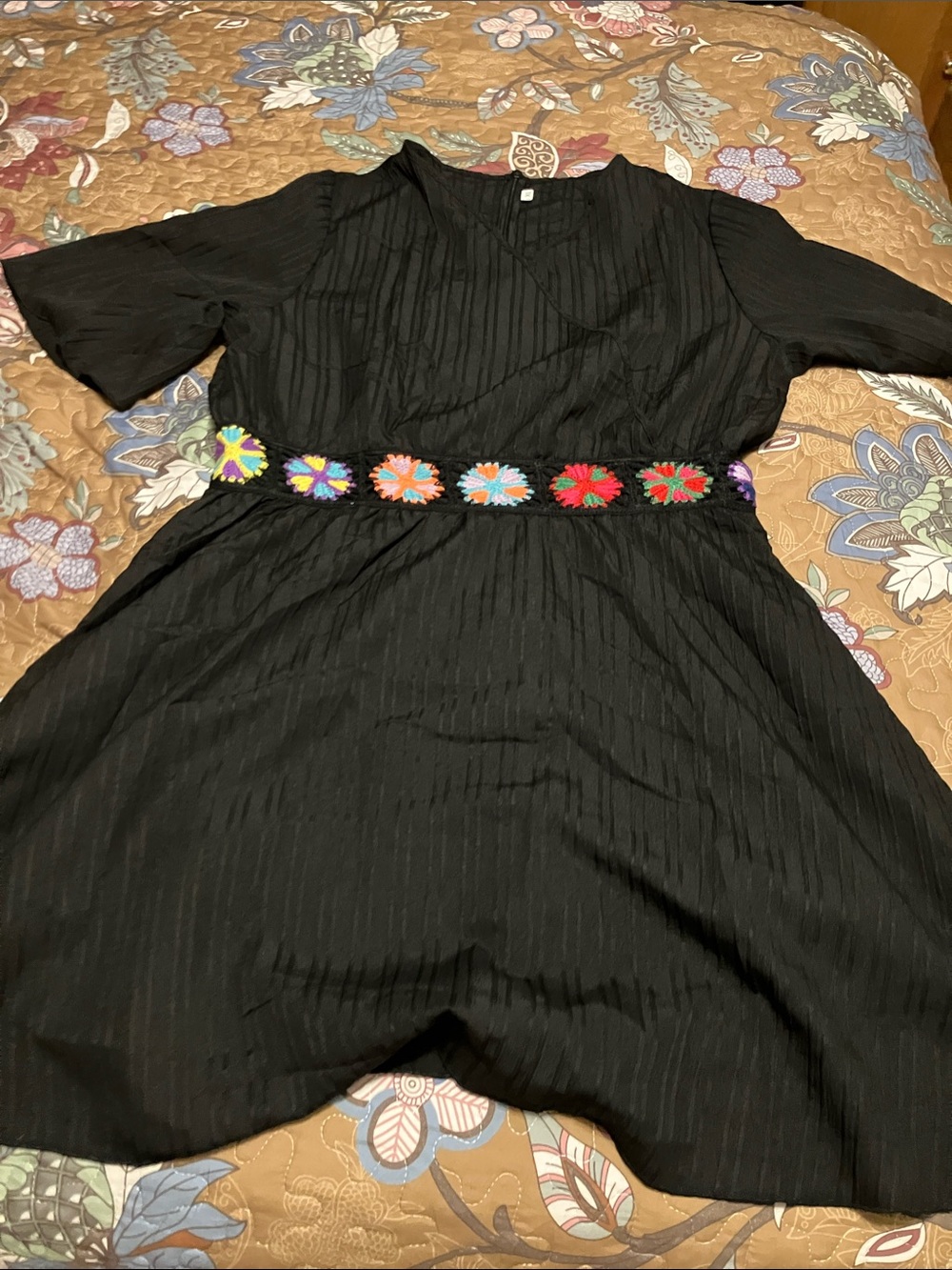 Black Short Sleeve Dress with Colorful Crochet Belt